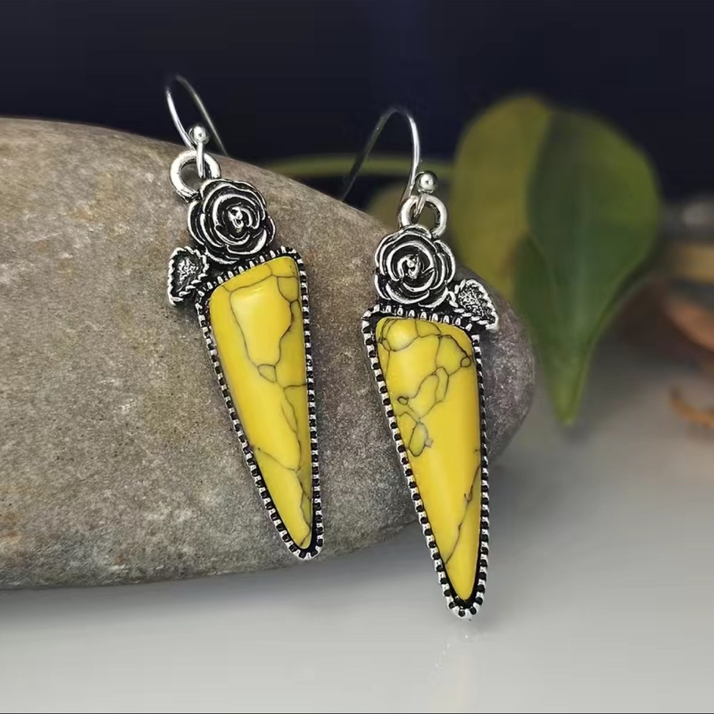 🔴 CLEARANCE 🌹 NWT 925 SILVER PLATED YELLOW STONE ROSE DANGLE EARRINGS (1.88”) - Picture 2 of 4
